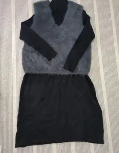 ファーベスト付き　ニットワンピ　黒×チャコールグレー　M ミドル丈　リブニット
