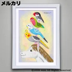 原画「ハチワレ猫と小鳥ブレーメン 黄」猫/文鳥/インコ/イラスト