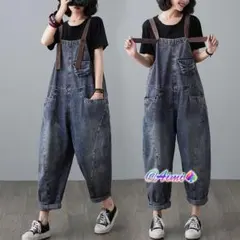 レトロ サロペット オーバーオール ポケット付き デニム ジーパン ゆったり