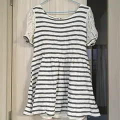 ボーダーワンピース デニム生地 レース シアースリーブ