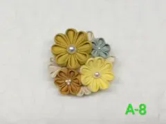 A-8 つまみ細工 ブローチ くるみボタンブローチ 黄色 緑 花