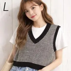 L 試着のみ 黒と白のニットベスト Vネック ニット ニットベスト 韓国