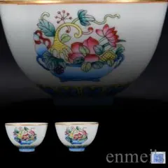 中国古美術・粉彩桃の花蓋碗・広口の茶碗・純手描き・茶道具・陶磁器