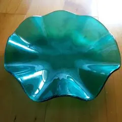 青色ガラス 水盤 花器 大型 48cm モダンアート ガラス工芸 一点物風