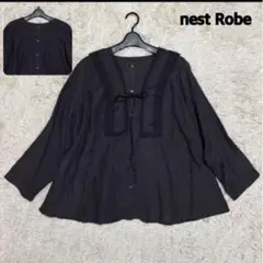 【美品】nest Robe レース付け襟付き 前後2WAY リネンブラウス 黒のサムネイル