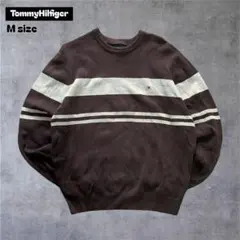00sトミーヒルフィガーボーダーニットブラウングレーストリートM サイズ刺繍ロゴ