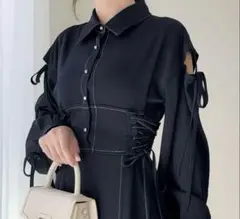 mily bilet 肩空きリボン使いステッチ配色ワンピース