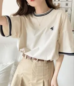 JaVa 綿100％シルケット 配色刺繍オーバーサイズシンプル半袖Tシャツのサムネイル