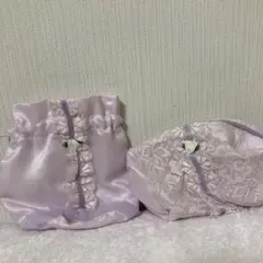 薄紫 サテン レース ポーチ 巾着袋セット