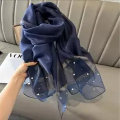 シルクシフォン ショール大判180×70ネイビー パール付き 結婚式 フォーマル