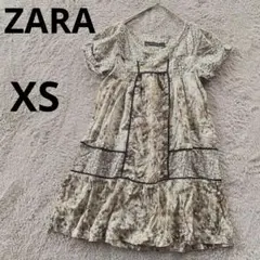 ZARA ザラ　半袖ワンピース　花柄　xs 茶　ベージュ　グレー　ガーリー