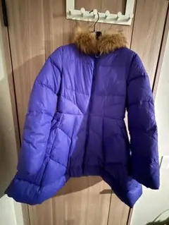 パープル×ブルー 裏地切替ダウンコート フェイクファー付きフード