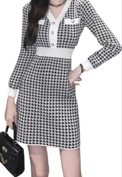 千鳥柄 タイト ニット ミニワンピース