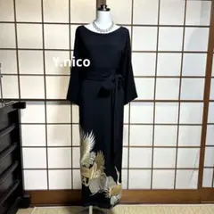LL 着物リメイク 正絹 黒留袖 豪華金銀刺繍鶴 シンプルゆったりワンピース