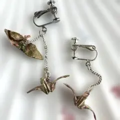 折り鶴ピアス　ハンドメイド　レジン　浴衣　祭り　アクセサリー　金　紫