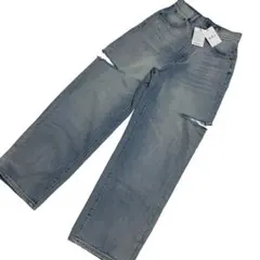 GRL デニムパンツ ダメージ加工 ワイド ストレート 青