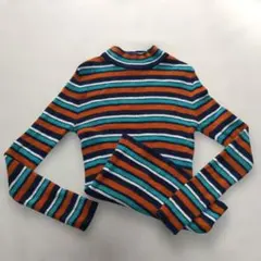 ♡マルチボーダー リブニット 長袖 ハイネック　(★ブルー　オレンジ)