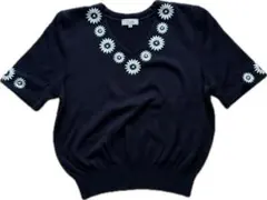レリアン 花刺繍 Vネック 半袖ニット 13+ 綿100％ 日本製 ネイビーのサムネイル