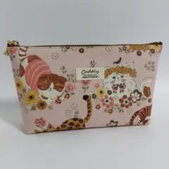 ❁マチ付きファスナーポーチ❁　フラワーキャット　ネコ　化粧ポーチ
