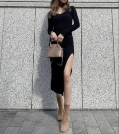 GYDA系 ブラックニットロングワンピース　スリット お姉さん ギャル