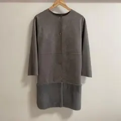 ZARA グレー スエード風 ムートン ノンカラー ロングコート