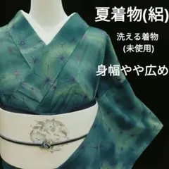 夏小紋(絽)　(暈し麻の葉文様　洗える夏着物　未使用　柳に燕透かし柄　緑青色系) 夏小紋(絽) (暈し麻の葉文様 洗える夏着物 未使用 柳に燕透かし柄 緑
