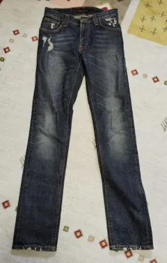 ダメージ加工ダークブルーデニムジーンズ W28 L32