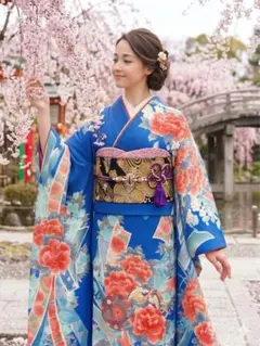 振袖フルセット(9点)・成人式・ロイヤルブルー・西洋ゴシック・金銀彩