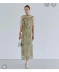 【美品】Leja アシンメトリーシアーフラワーワンピース M グリーンのサムネイル