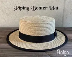 送料込 帽子 カンカン帽 パイピング ストロー ハット サイズ調整 男女兼用 E