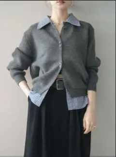 Lumier リュミエ　チェックシャツ襟ニットカーディガン/DARKGRAY