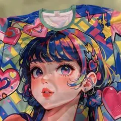 アニメ風イラスト 総柄両面プリント、カラフルＴシャツ〜新品未使用品〜Ｌサイズ