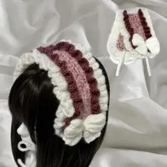 【 現品限り 】 編み物 かぎ針編み ヘッドドレス モヘア リボン 冬 レッド