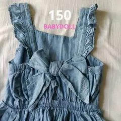 150★BABYDOLL★デニム風フリルノースリーブワンピース 大きなリボン