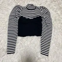 ザラ 黒と白のボーダー タートルネック クロップドトップス