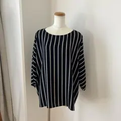 ストライプ ７部袖トップス ネイビー
