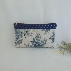 スリムポーチ♪ネイビーローズ☆コスメ、ペンケース、マスクなどに☆ハンドメイド