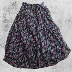 花柄 フレアスカート ロング丈 ネイビー 小花柄 裏地付き Mサイズ