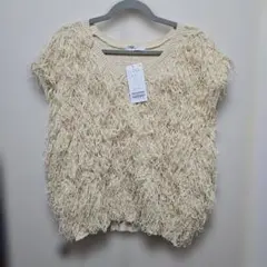 アイボリー フリンジ Vネック ベスト Fサイズ