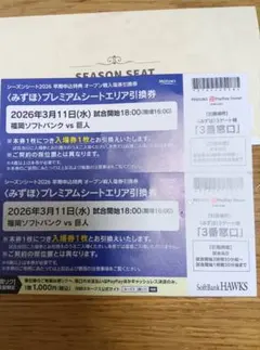 福岡ソフトバンクvs巨人戦プレミアムエリアシート引換券2026年3月11日　2枚