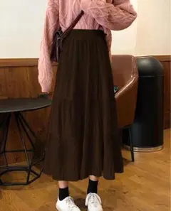ダークブラウン ベロアコーデュロイプリーツロングスカート