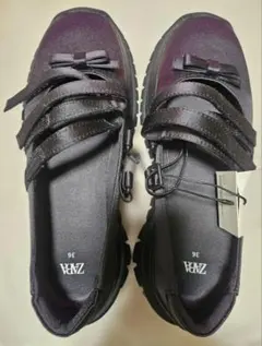 ZARA ブラック リボンバレエシューズ　36