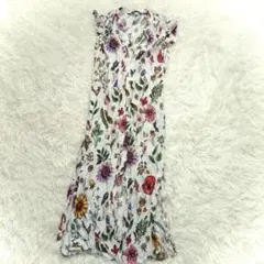 ZARA BASIC ロングワンピース(M)花柄 マキシ丈 比翼ボタン ベルト
