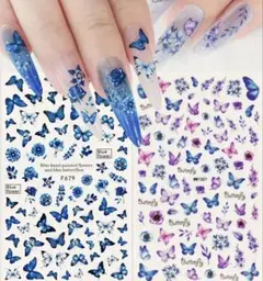 青と紫の蝶と花のネイルシール2枚セット