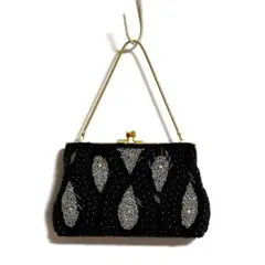 【昭和レトロ 総ビーズバッグ】フェザー柄　羽根柄　ブラック　シルバー