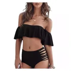 (新品)オフショルダー フリル　ビキニ、水着/黒( サイズS)