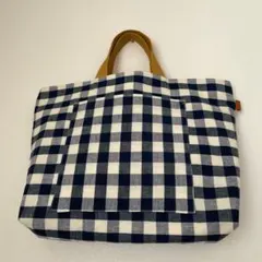 ギンガムチェックの大きいトートバッグ 帆布　ハンドメイド　外ポケット