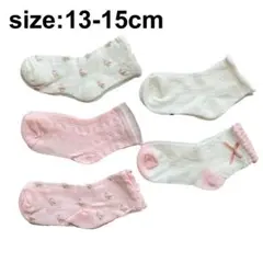 子供用靴下　キッズ　ガールズソックス　ピンク花柄　リボン　14-16cm 5足