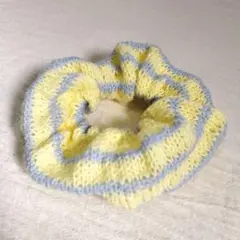 イエローブルーボーダーシュシュハンドメイド棒針編み編み物パステル黄色青水色韓国