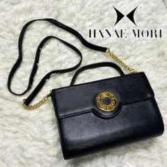 美品 ハナエモリ 2way フォーマルバッグ ブラック レザー サークル 金具